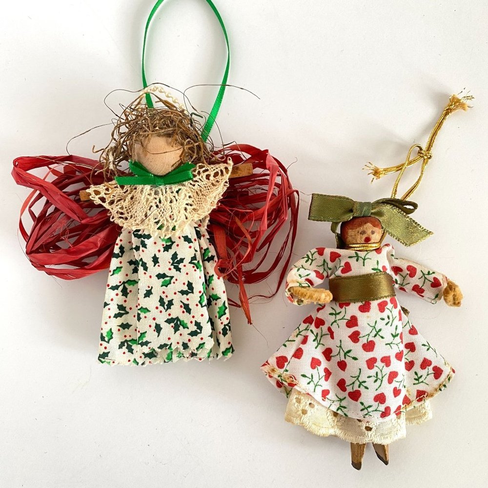 Handmade Cinnamon Angel Clothespin Girl Fabric Lace Christmas Ornaments Set of 2